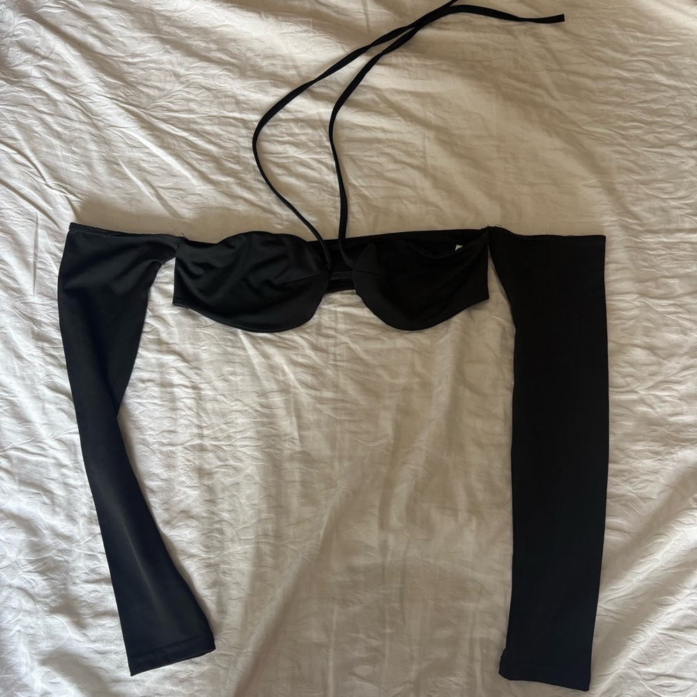 SOLADO Black Off-Shoulder Bikini Top with Halter Tie